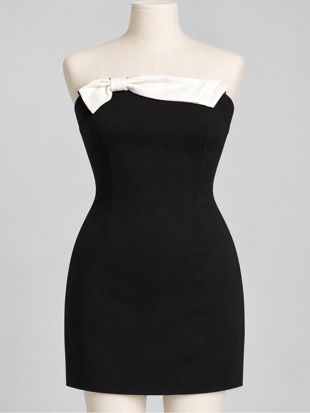 Lena Strapless Black Mini Dress with White Bow Accent